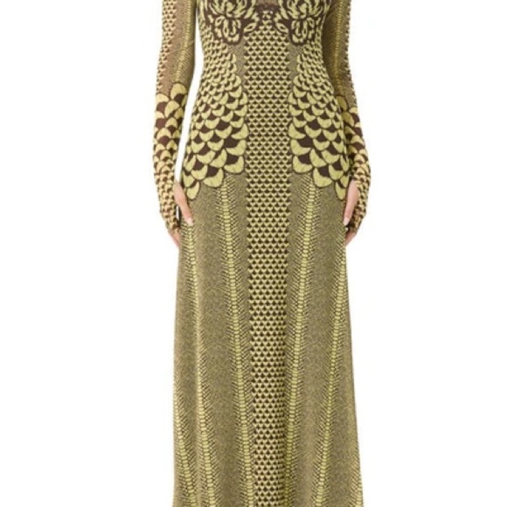 Elegant Yellow and Brown Patterned Long Sleeve Dress